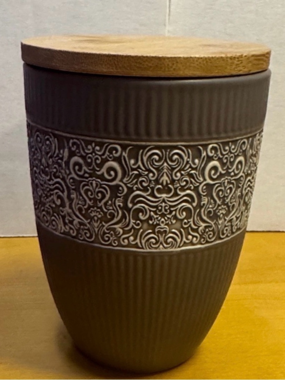 Rustic Kevia Ceramic Jar with  Natural Wooden Lid, Brown
